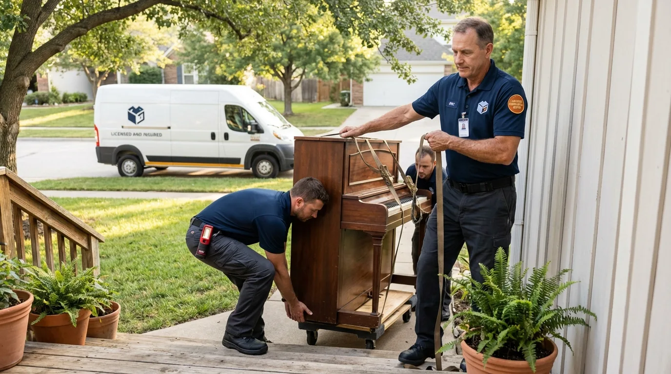 Licensed piano movers securing grand piano in Glen Alpine, NC