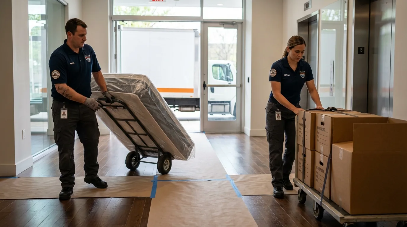 Professional apartment movers loading elevator in Glen Alpine, NC
